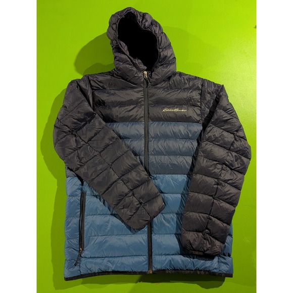 Eddie Bauer CirrusLite 650 Down Puffer Hooded Jacket Mens Size Medium Blue Tones